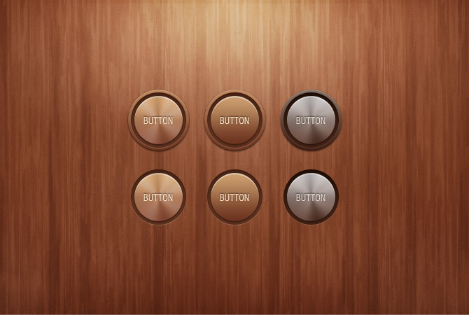 Metal texture round button on wooden background